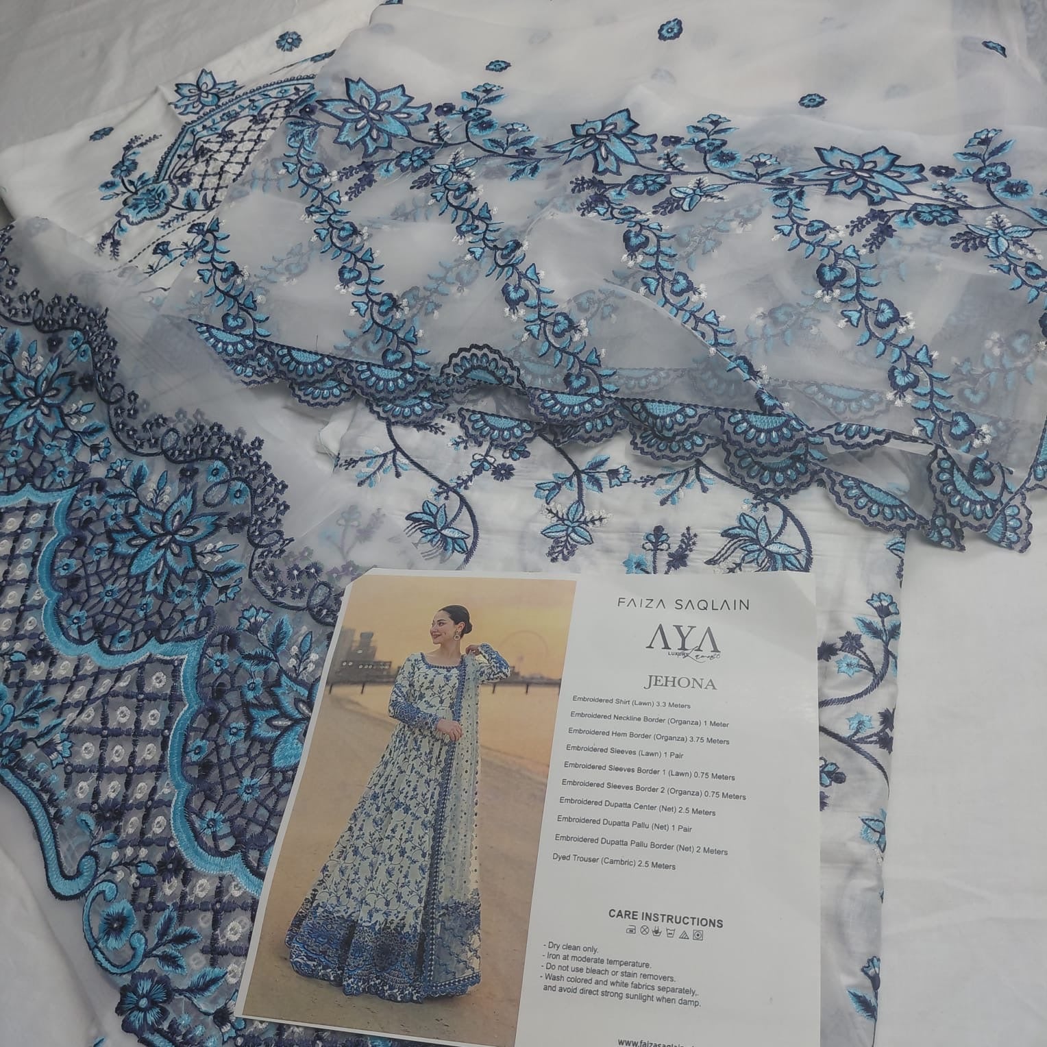 3pc embroidered f.s frock white n blue