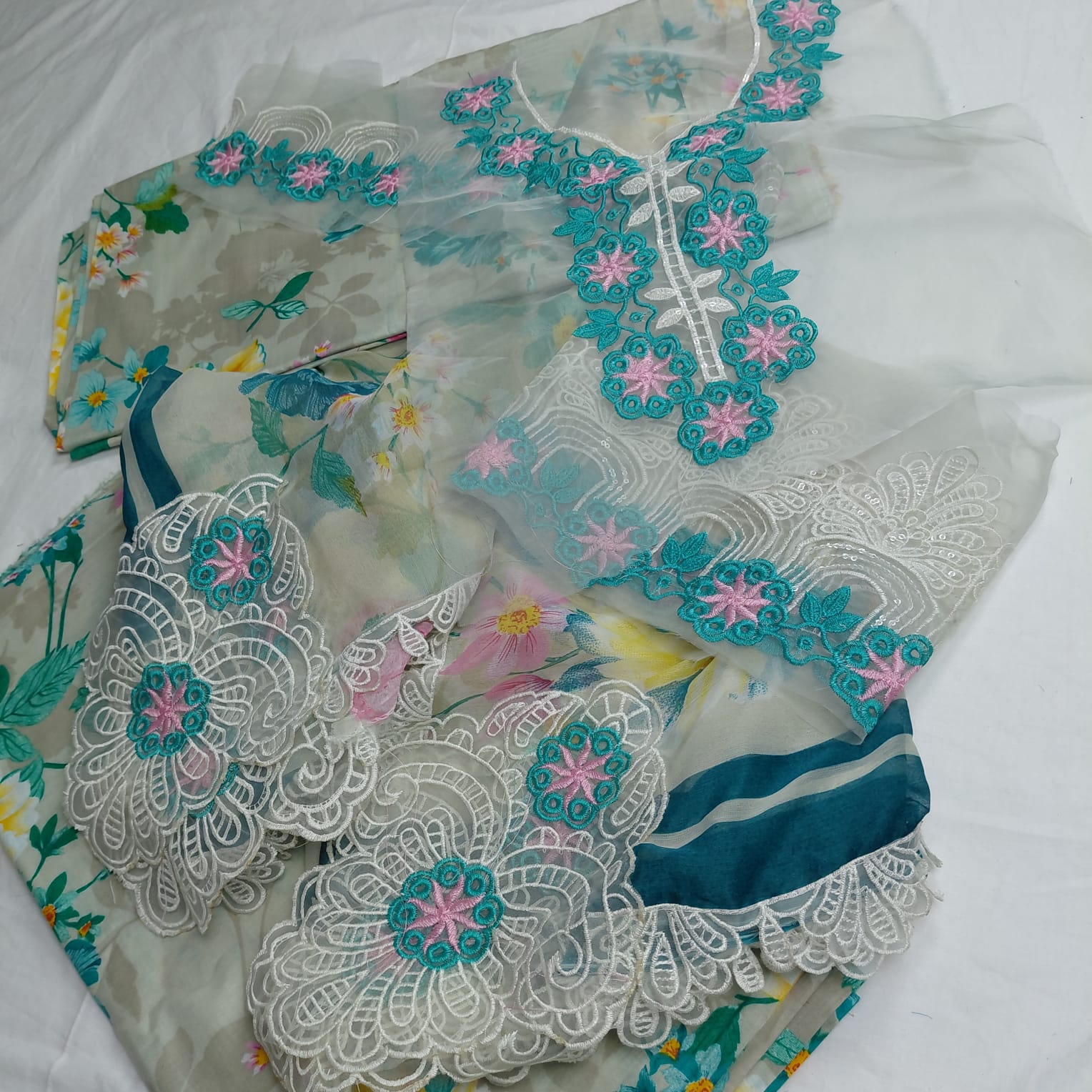 3pc  anela grey with multi flowers (printed with emb.