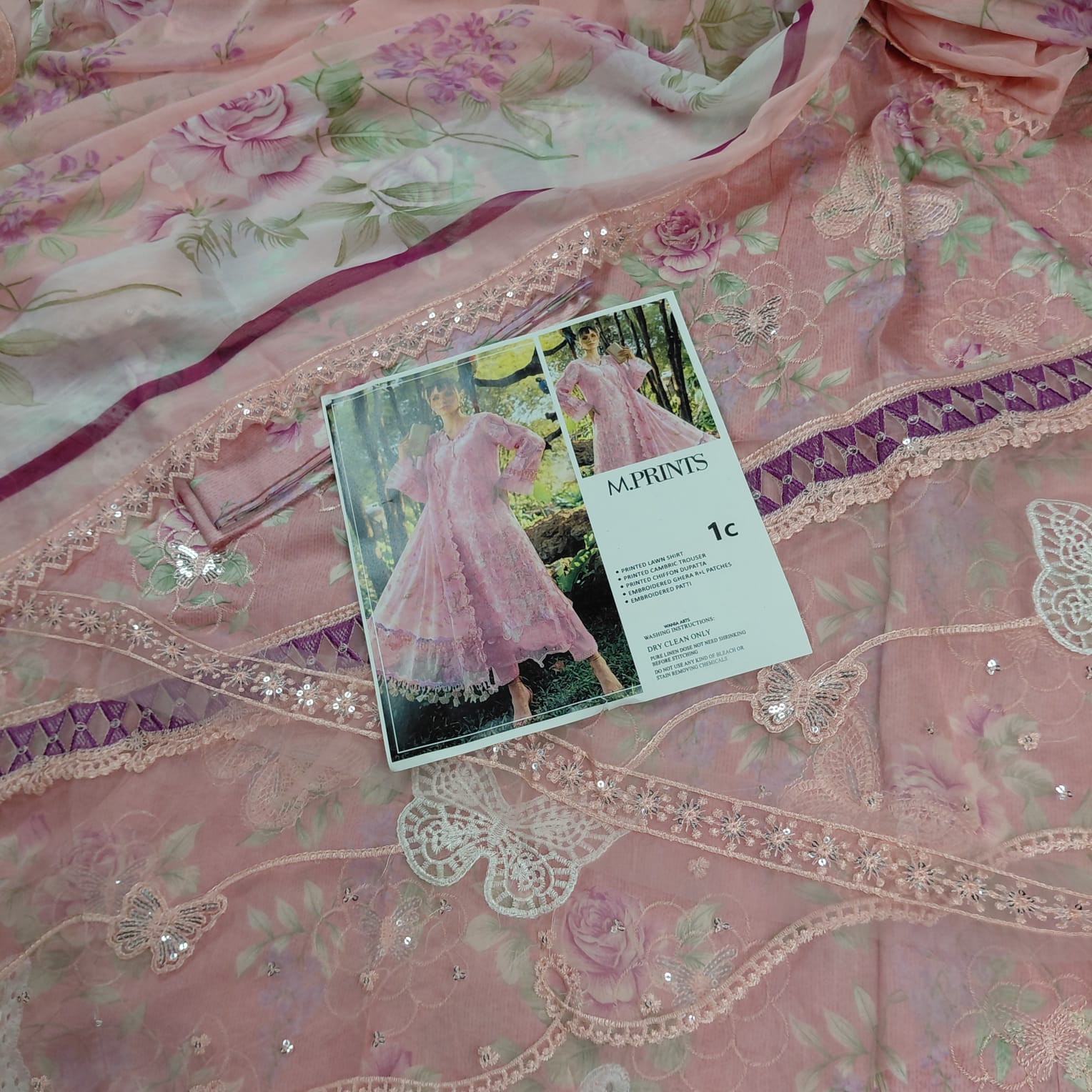 Lawn 3pc butterfly tea pink